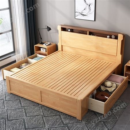 搏德森北欧实木床主卧1.8米双人床现代简约1.5米公寓储物橡胶木主婚床