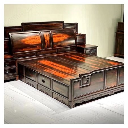 老挝大红酸枝国色天香成品大床 中式卧室红木床 红木家具
