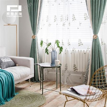 窗帘成品 新中式家居风纯色棉麻拼接窗帘布 客厅卧室遮光落地窗